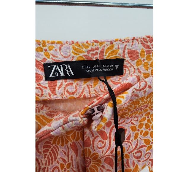 New NWT Zara Linen Cotton Floral Shorts Size Large Pink Orange - Picture 10 of 11